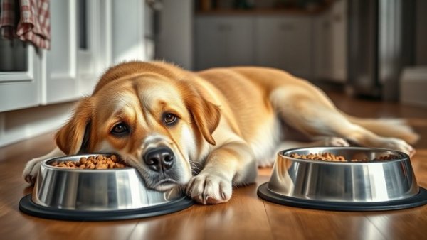 Older dog and full food bowls in kitchen for aging pet nutrition.
