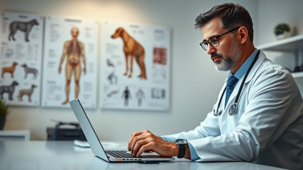 Veterinarian using ChatGPT in office, Ethics of AI in Veterinary Medicine.