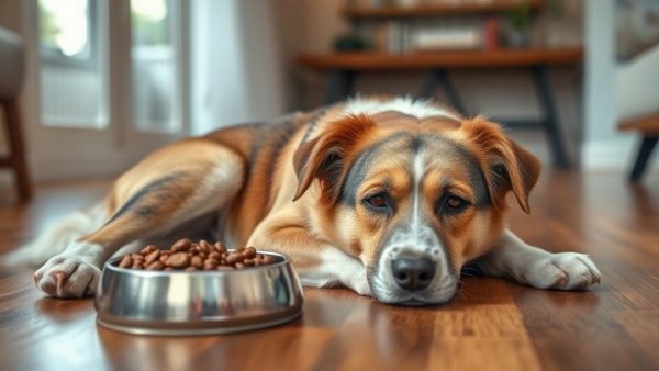 Aging pet nutrition management with dog lying by food bowl.
