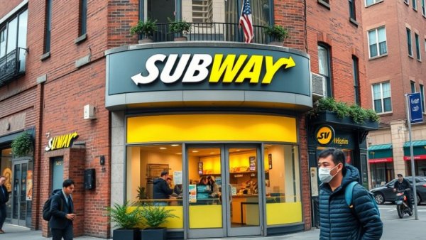 Subway restaurant front showcasing signage and urban setting.