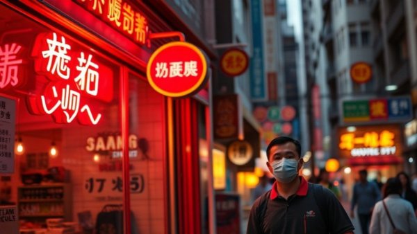 Urban storefront with bold signage and a person in a mask.