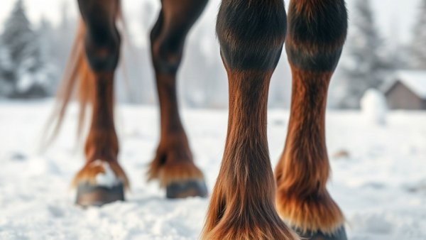 Equine foot on snow, highlighting hoof detail under winter sun.