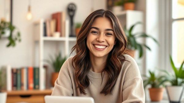 Smiling woman sharing tips to increase Facebook engagement.