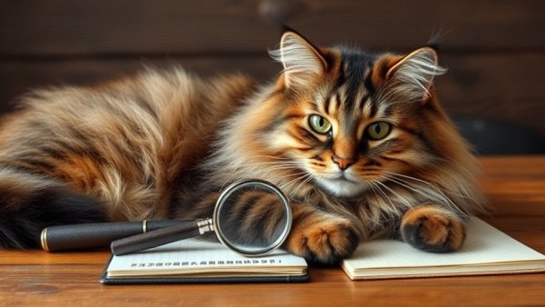 Majestic Maine Coon cat with magnifying glass on notebook, Evidence Based Veterinary Medicine.