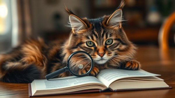 Curious Maine Coon cat with a magnifying glass, symbolizing Evidence-Based Veterinary Medicine.