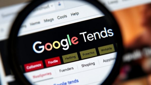 Google Trends website highlighted through a magnifying glass.