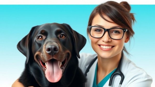 Veterinarian with happy black Labrador promotes preventing heat stroke in dogs.