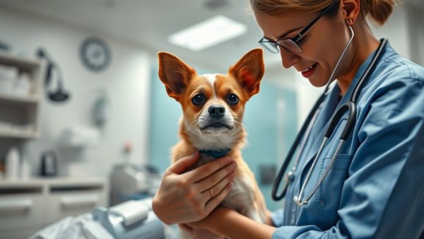 Veterinarian examining a dog at a clinic, veterinary relief staffing platform