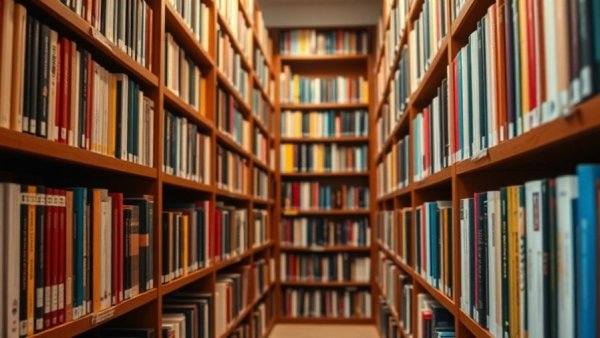 Bookshelves with colorful books in a cozy library setting.