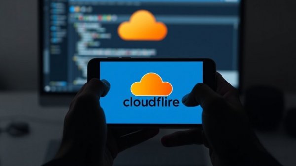 Cloudflare logo on smartphone with blurred website in background.