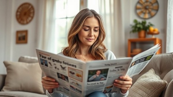 Casual woman reading newspaper in cozy room, Google Maps reviews change discussion.