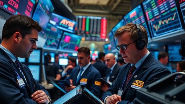 Traders on a busy trading floor analyzing stock market data.