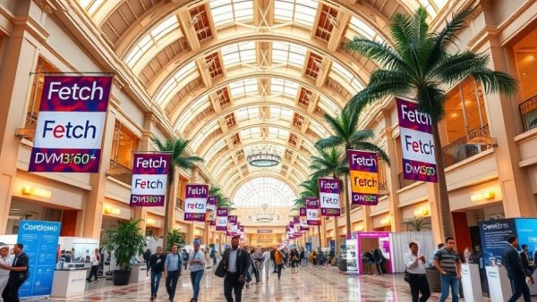 Fetch DVM360 Veterinary Conference vibrant banners in illuminated convention hall.