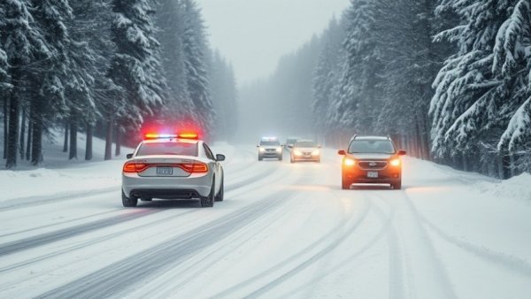 Police car on snowy road ensuring safety as nearby vehicle swerves.