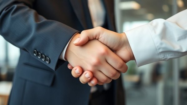 Close-up handshake highlighting self-introduction mistakes.