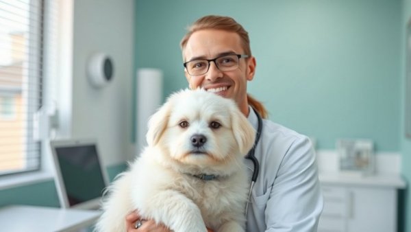 Veterinarian with fluffy white dog explores chronic pain management in geriatric dogs.