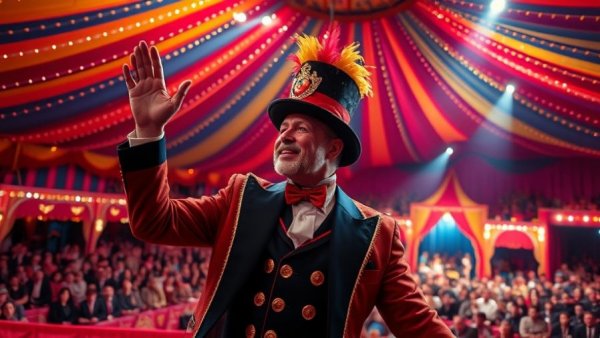 Colorful circus ringmaster demonstrating leadership in a lively tent.
