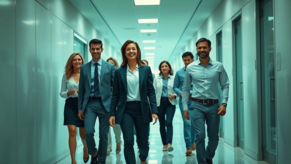 Group of professionals walking in office, highlighting return to office trends.