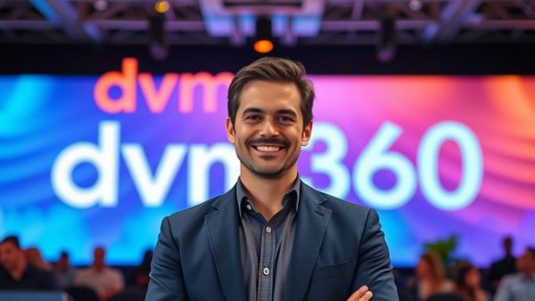 Confident presenter at veterinary conference discussing canine lymphoma diagnosis and management.