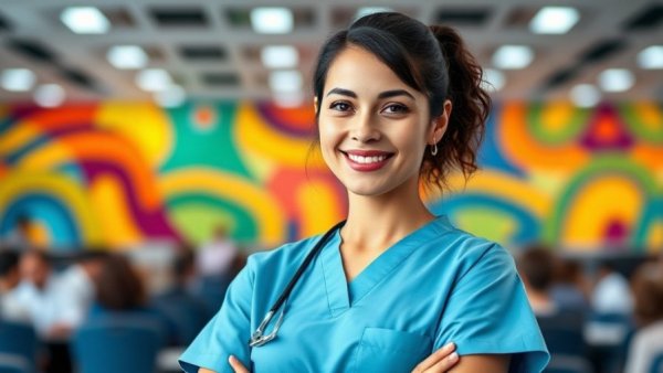 Professional woman at veterinary conference emphasizing importance of posture.