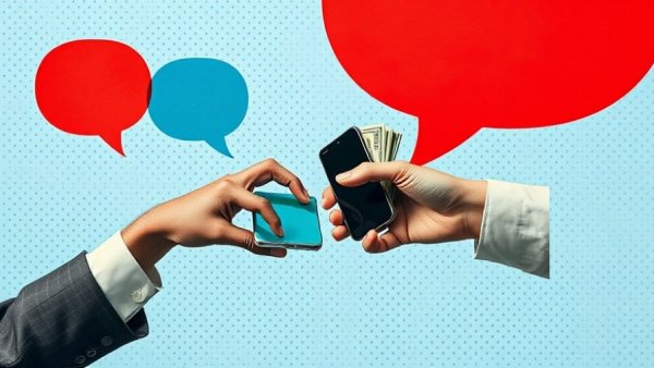 Illustration of digital transactions with phone and cash in speech bubbles.