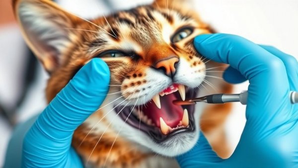 Veterinarian inspects cat's teeth for feline oral health guidelines.