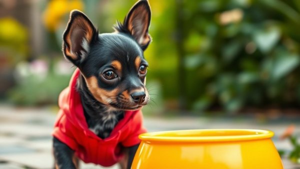 Small dog in red hoodie looking at empty bowl outdoors, dog food recall plastic contamination.