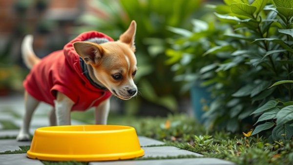 Alert dog in garden looking at food bowl, dog food recall plastic contamination concept