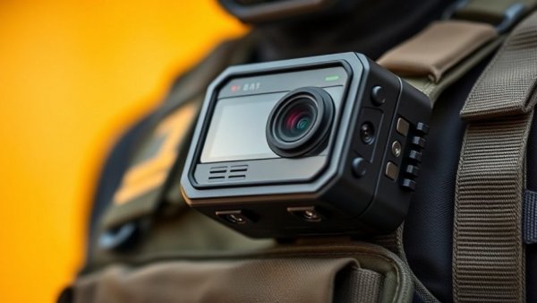 AI-enhanced body camera close-up on tactical vest with blurred background.