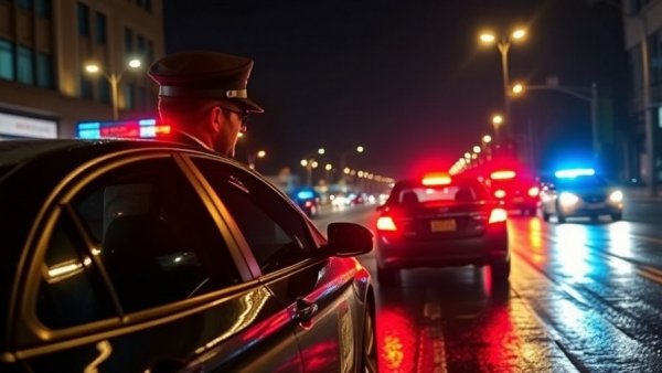 Police traffic stop at night with flashing lights and rain.