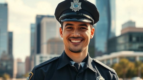 Law enforcement officer smiling in city backdrop.