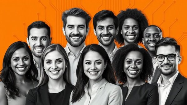 Group of professionals illustrating Effective AI Implementation in Veterinary Clinics, tech-themed background.