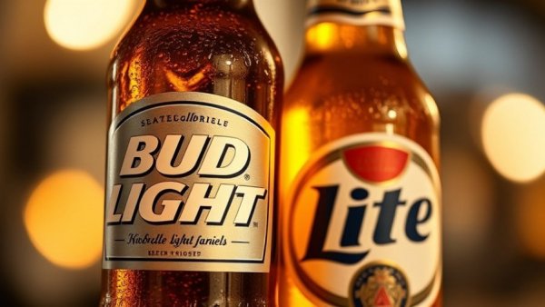 Close-up of Bud Light and Lite beer bottles, golden hue.