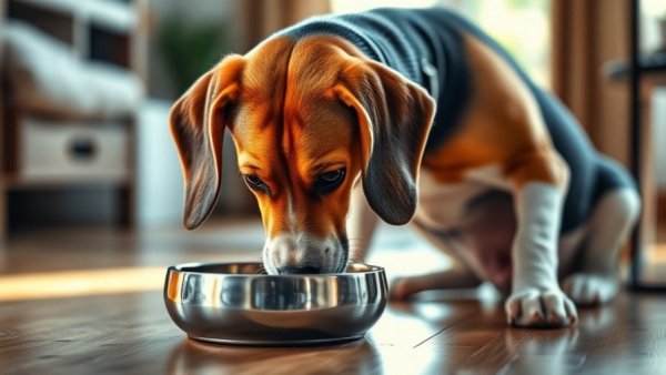 Beagle dog eating from bowl, frozen dog food recall context.
