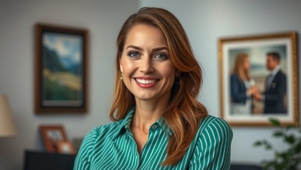 Woman in green striped blouse smiling, Med Spa Memberships for Revenue Growth concept.