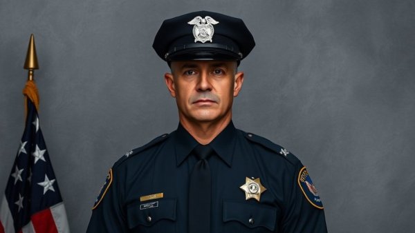 Portrait of dedicated police officer in solemn tribute setting.