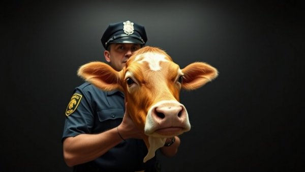 Amusing photo of a police officer interacting with a cow indoors.