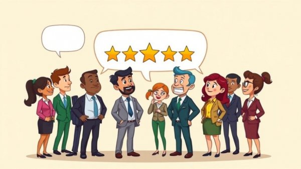 Animated business team discussing star ratings in cartoon style.
