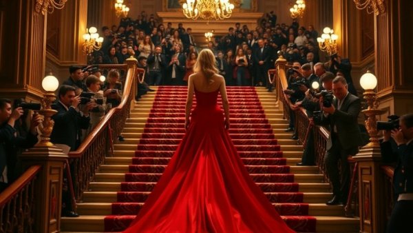 2026 Met Gala female founder in red gown on floral staircase.