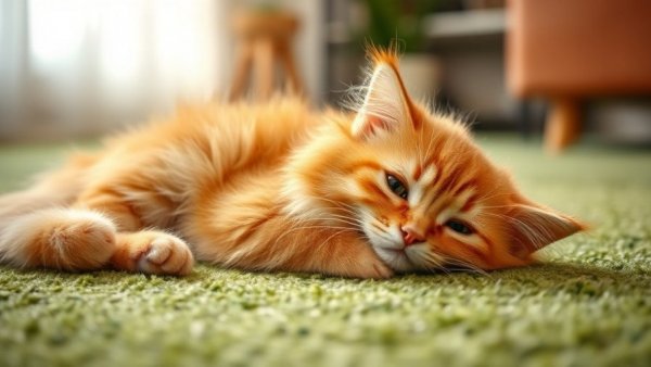 Fluffy orange cat lying on green carpet in a relaxed pose.