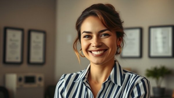 Engaging woman discussing med spa membership programs, office setting.