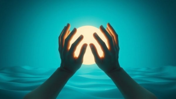 Surreal hands with glowing orb, AI Answer Surfaces concept.