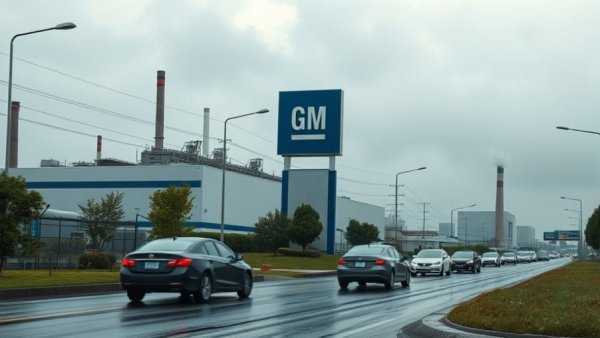 GM Recall Class Action: Cars at GM plant entrance in rainy weather