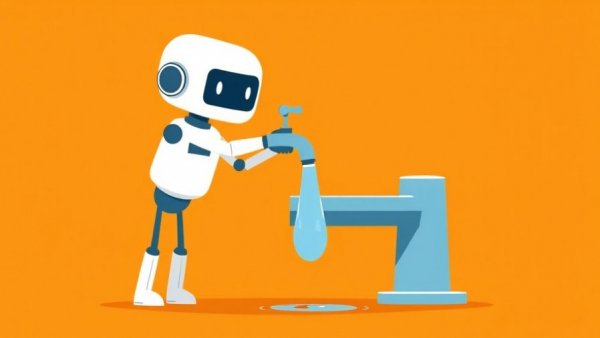 Cartoon robot adjusts faucet for AI water consumption management.