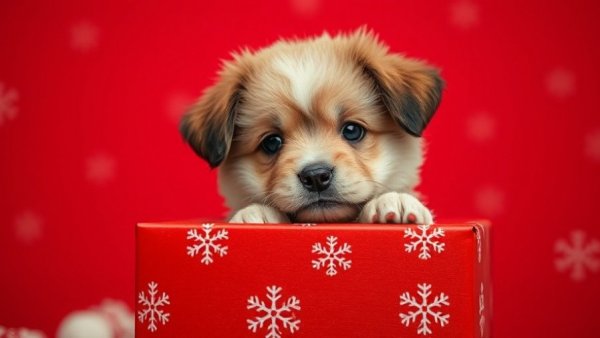 Fluffy puppy in festive box, perfect for gifting a pet.
