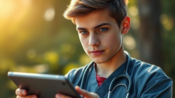 Young veterinarian using a digital tablet, exploring AI Scribes in Veterinary Medicine.