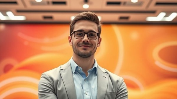 Casual professional at veterinary conference, vibrant background.