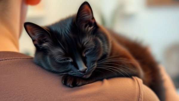 Veterinary technician career development symbolized by a serene black cat resting on a shoulder.