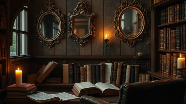 Vintage reading nook with candles and decor for Pinterest marketing strategies for MedSpas.