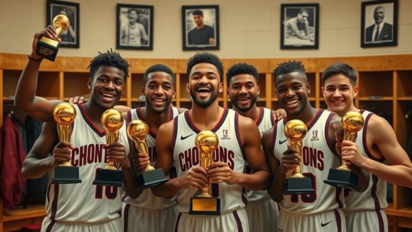 Basketball stars celebrating with trophies in locker room.